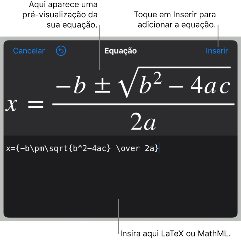 A fórmula quadrática escrita com LaTeX no campo Equação e uma pré-visualização da fórmula abaixo.