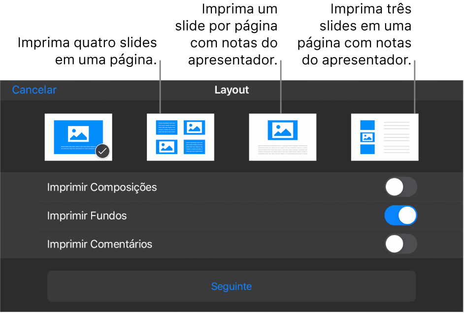 Opções de layout de impressão.