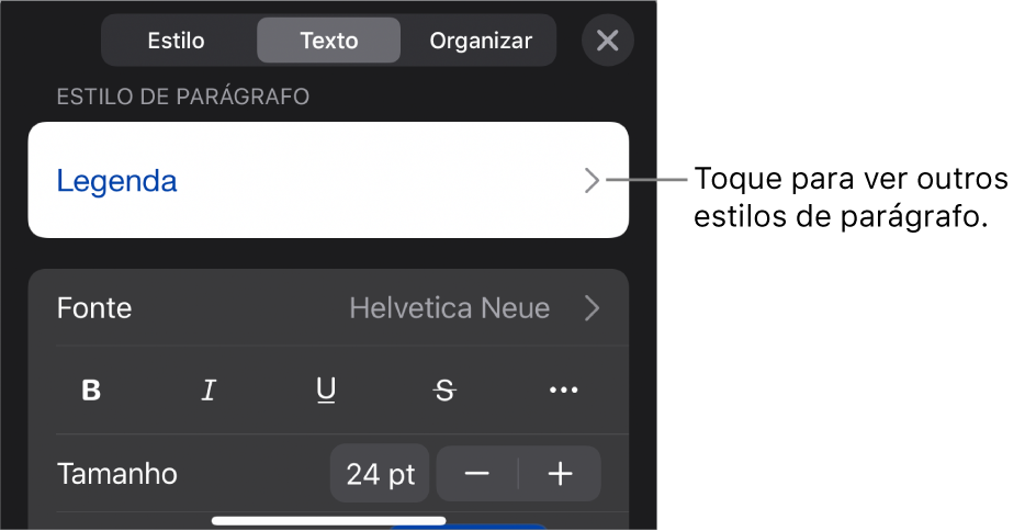 O menu Formatar, mostrando controles de texto para definir estilo, fonte, tamanho e cor de caractere e parágrafo.