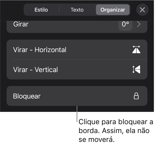 Controles de Organizar no menu Formatar, com o botão Bloquear destacado.