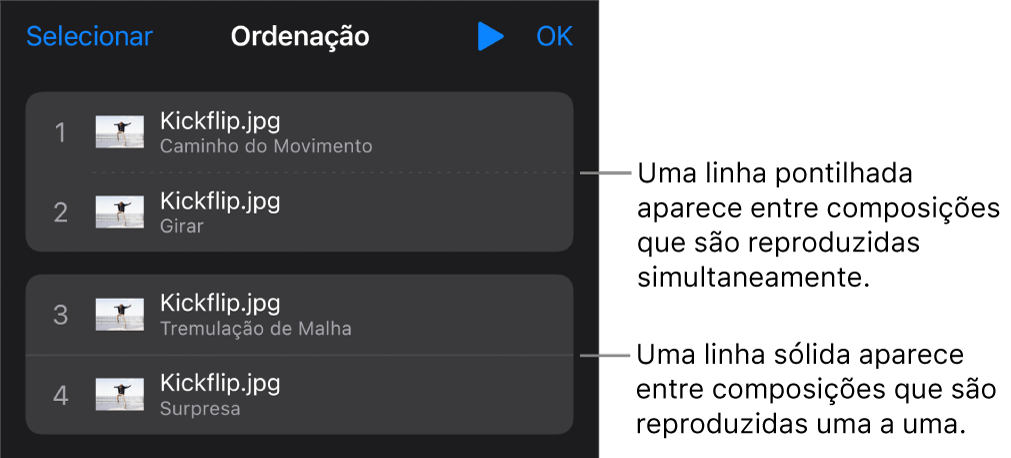 Menu “Ordem de Composição”, com uma linha pontilhada aparecendo entre composições reproduzidas simultaneamente e uma linha sólida entre composições reproduzidas uma a uma.