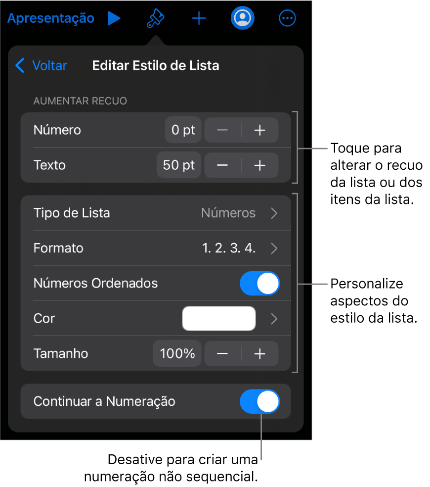 Menu “Editar Estilo de Lista” com controles para espacejamento de recuo, formato e tipo de lista, alinhamento de números, cor e tamanho da lista e numeração contínua.