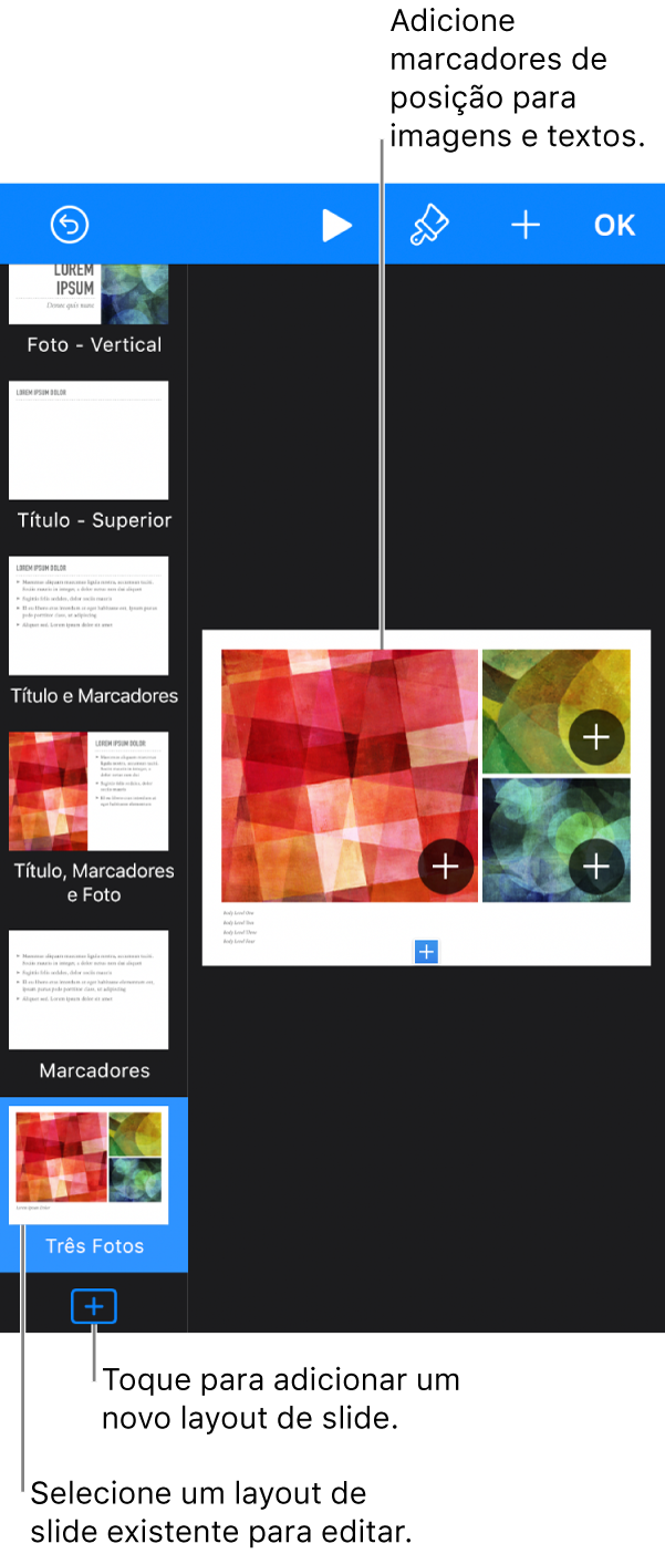 Um layout de slide exibido na tela de slides, com o botão “Adicionar um Layout de Slide” na parte inferior do navegador de slides.