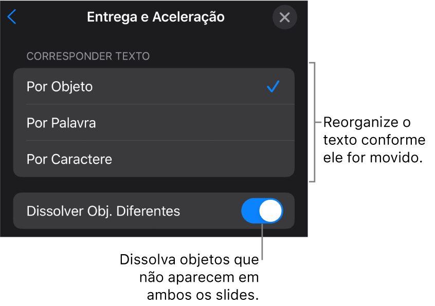 Opções de entrega e aceleração do Movimento Mágico no painel Aceleração.