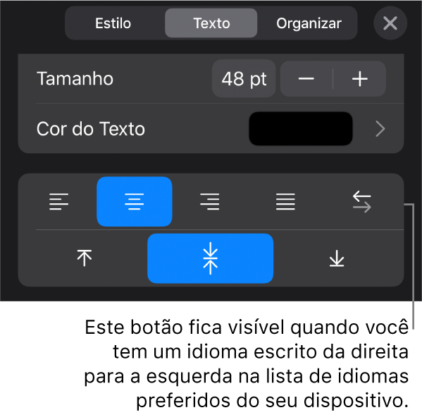 Controles de texto no menu Formatar com uma chamada para o botão da Direita para a Esquerda.