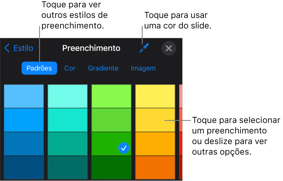 Opções de preenchimento na aba Estilo.