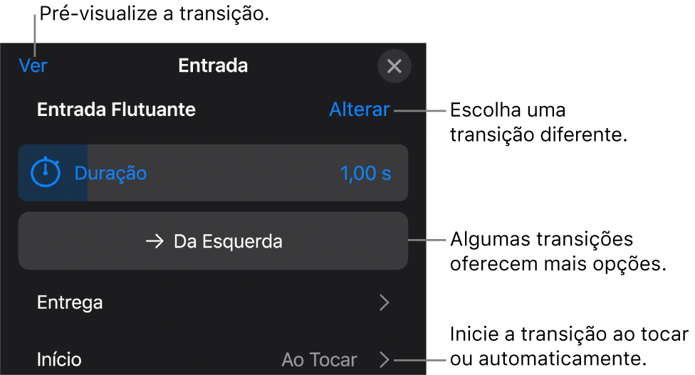 Controles no painel Opções para modificar uma transição.