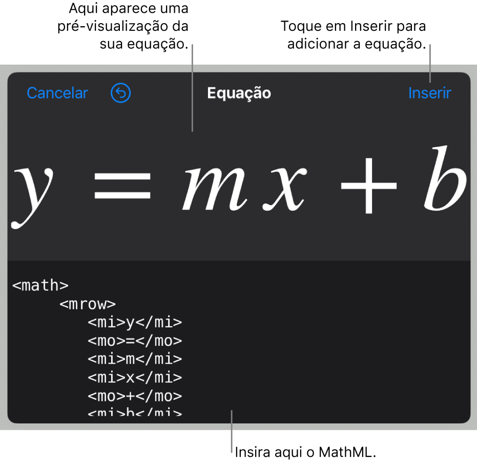 Código MathML para a equação da inclinação de uma linha e uma pré-visualização da fórmula acima.