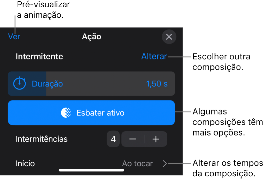 As opções de composição incluem Duração e Temporização de início. Toque em Alterar para escolher uma composição diferente ou toque em Pré-visualizar para pré-visualizar a composição.