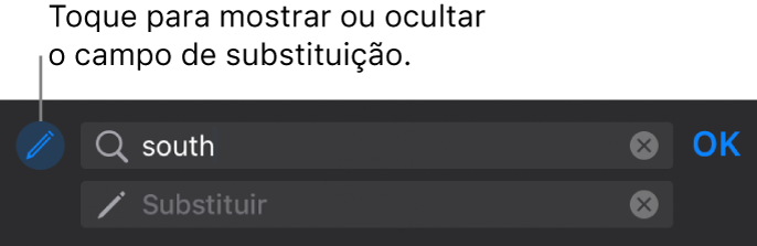 Controlos para procurar e substituir texto.