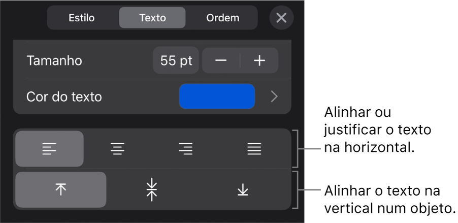 A secção Alinhamento do botão Formatação com chamadas para os botões de alinhamento de texto.