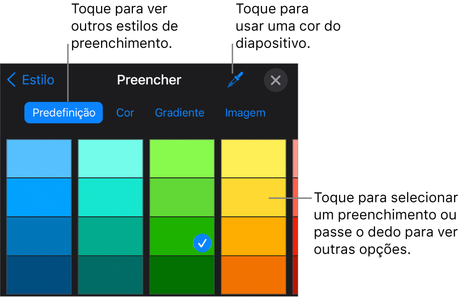 Opções de preenchimento no separador Estilo.