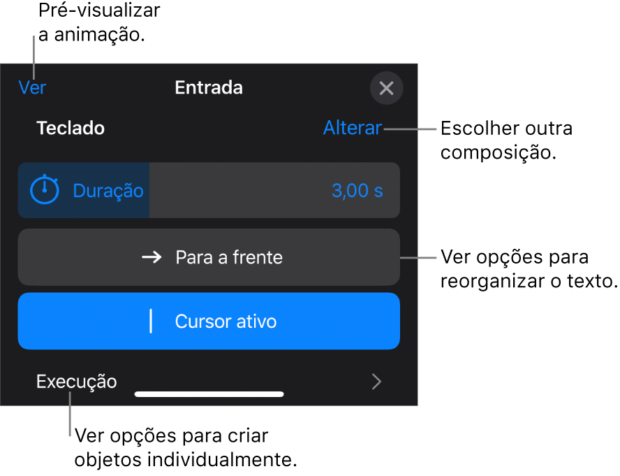 As opções de composição incluem Duração, Animação do texto e Execução. Toque em Alterar para escolher uma composição diferente ou toque em Pré-visualizar para pré-visualizar a composição.