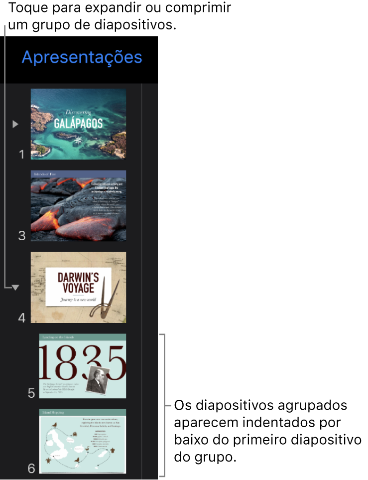 Navegador de diapositivos com diapositivos indentados.