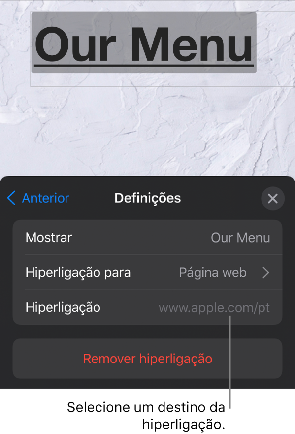 Os controlos de Definições, que contêm os campo Mostrar, “Hiperligação para” (com “Página Web” selecionada) e Hiperligação. O botão “Remover hiperligação” encontra-se na parte inferior.