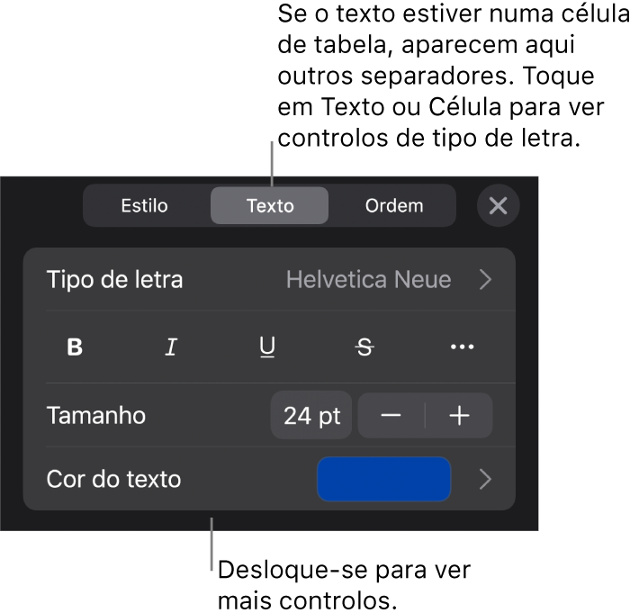 Controlos de texto no menu Formatação para definir estilos de parágrafo e carácter, tipo de letra, tamanho e cor.