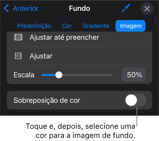 Os controlos de fundo, com uma imagem definida como o fundo do diapositivo e o controlo “Sobreposição de cor” na parte inferior.