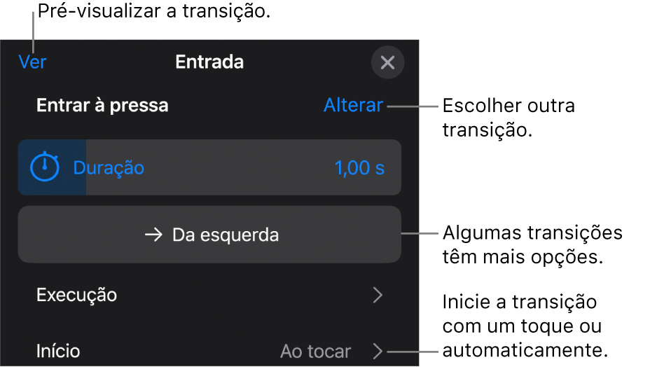 Controlos no painel de opções para modificar as transições.
