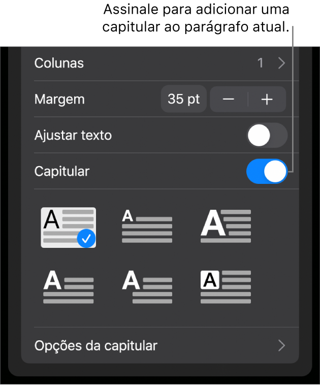 Os controlos de capitular localizados na parte inferior do menu Texto.