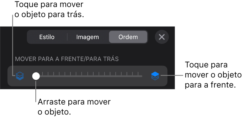 O botão “Mover para trás”, o botão “Mover para a frente” e o nivelador da camada.