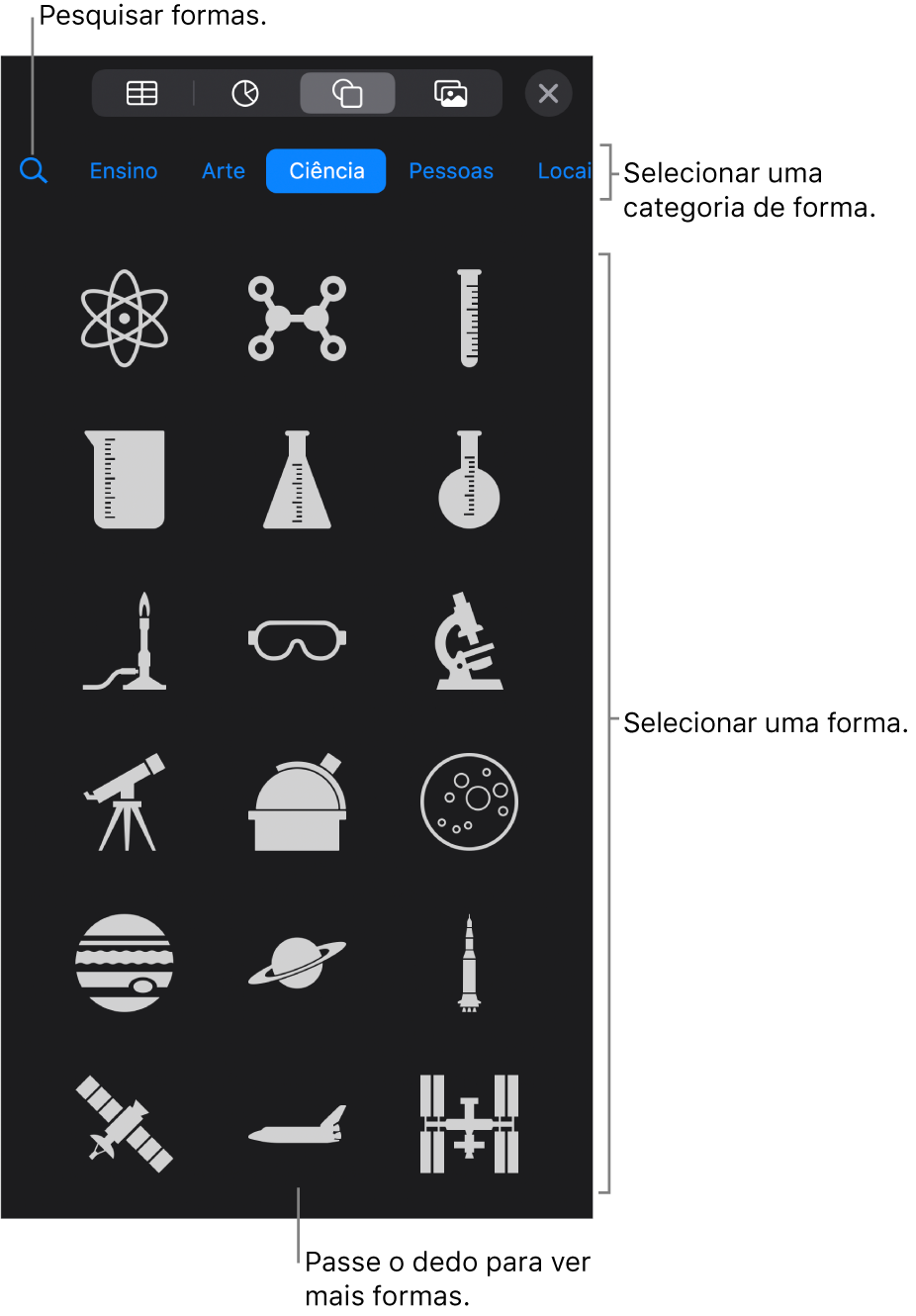 A biblioteca de formas, com as categorias exibidas na parte superior e as formas na parte inferior. É possível usar o campo de pesquisa na parte superior para encontrar formas e passar os dedos para ver mais.