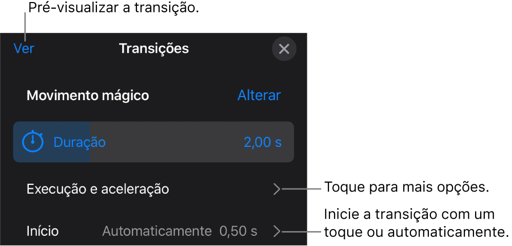 Controlos do “Movimento mágico” no painel Transições.