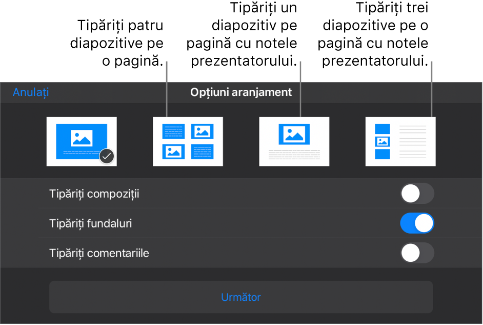 Opțiuni de aranjament tipărire.