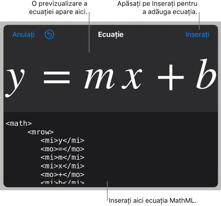 Codul MathML pentru ecuația pantei unei linii și o previzualizare a formulei deasupra.