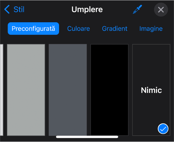 Comenzile Umplere cu opțiunea Nimic selectată.