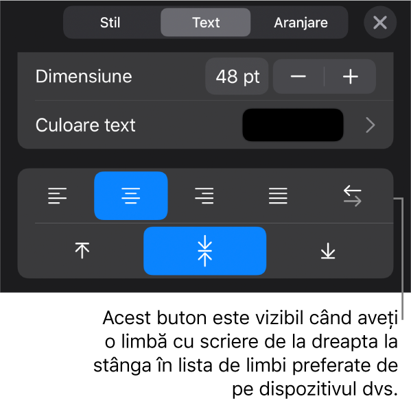 Comenzile pentru text din meniul Format cu o explicație referitoare la butonul De la dreapta la stânga.