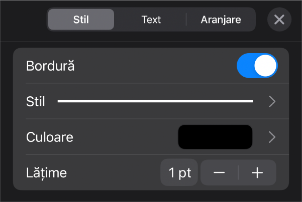 Comenzile pentru personalizarea stilurilor de bordură.
