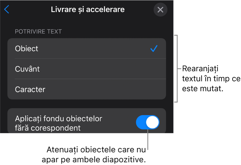 Opțiunile de livrare și accelerare Mutare magică din panoul Accelerare.