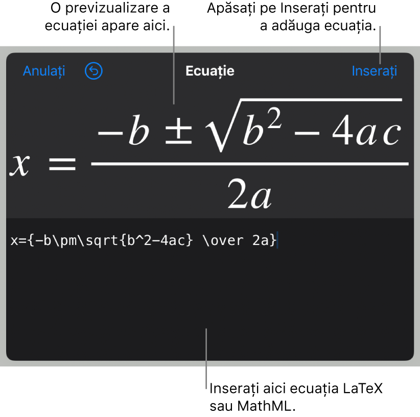 Caseta de dialog Ecuație, afișând formula cuadratică scrisă cu ajutorul comenzilor LaTeX și, deasupra, o previzualizare a formulei.