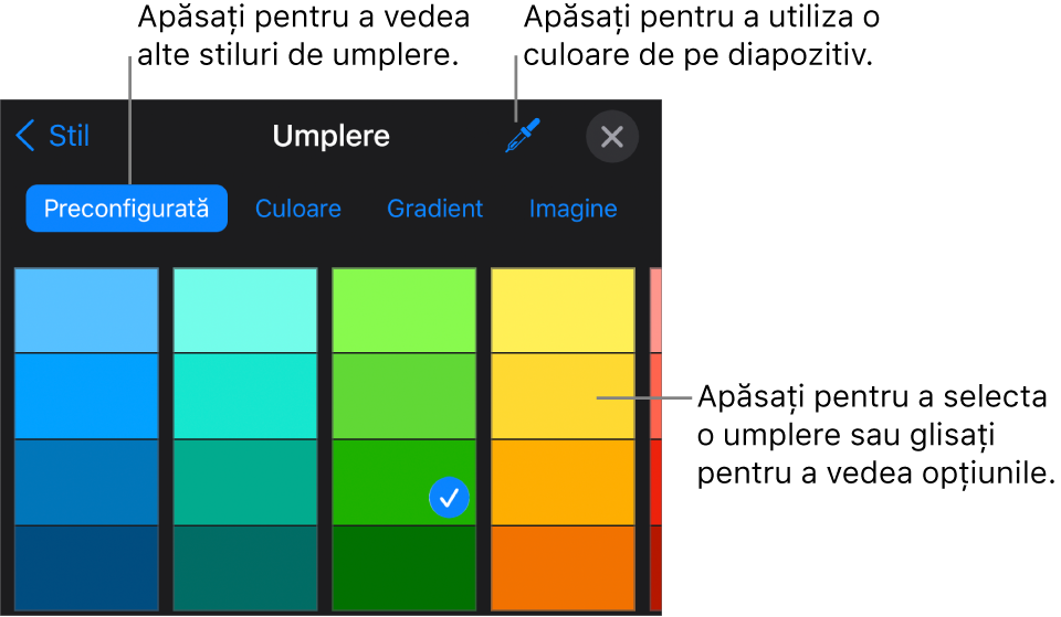 Opțiuni de umplere în fila Stil.