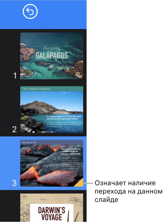 Желтый треугольник на слайде указывает, что слайд содержит переход.