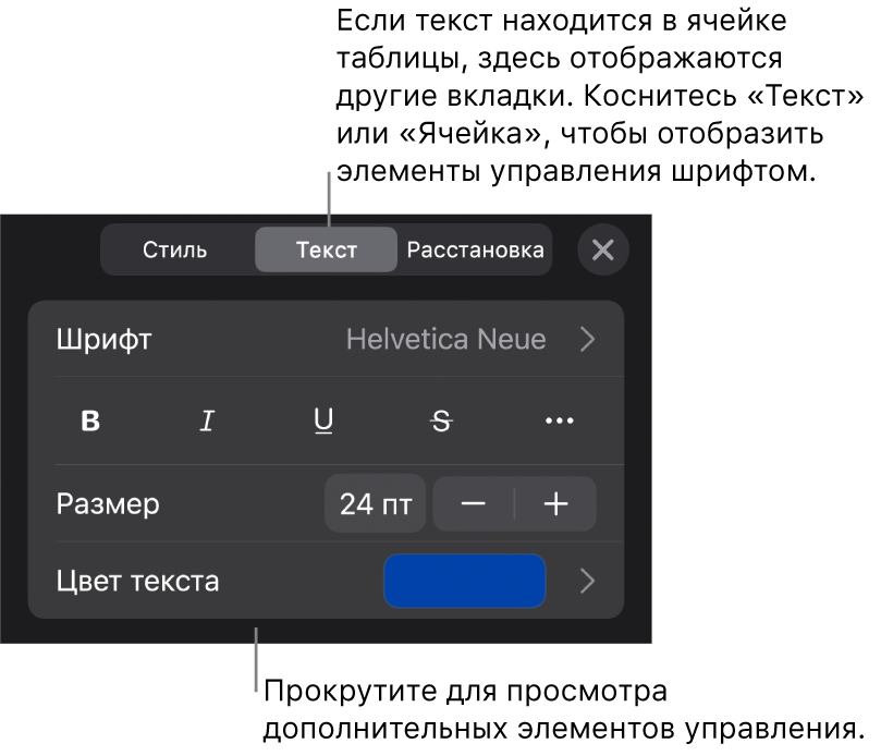 Элементы управления текстом в меню «Формат» для настройки стилей абзацев и символов, шрифта, размера и цвета.