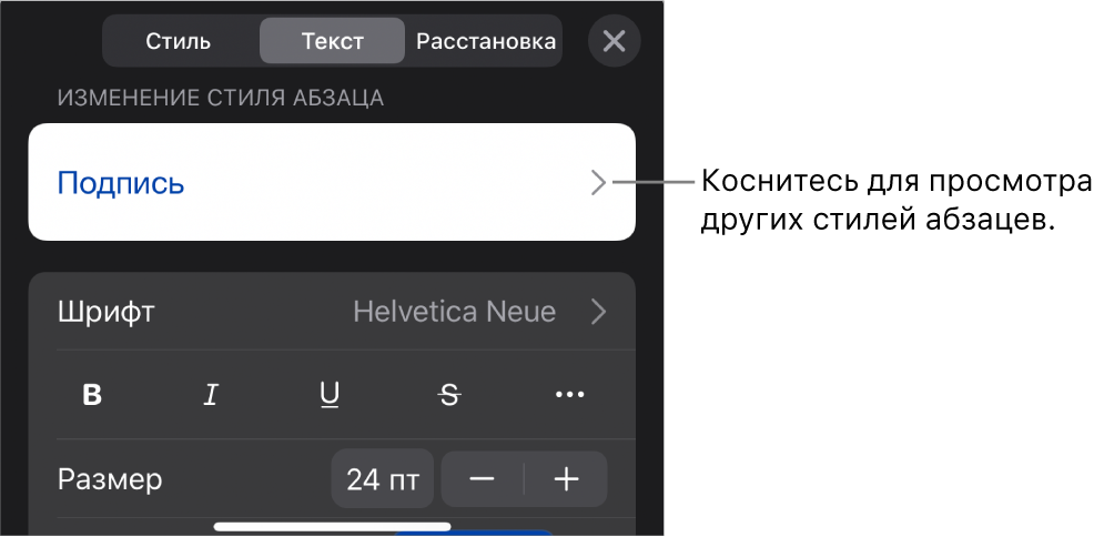 Меню «Формат», в котором отображаются элементы управления текстом для настройки стилей абзацев и символов, шрифта, размера и цвета.
