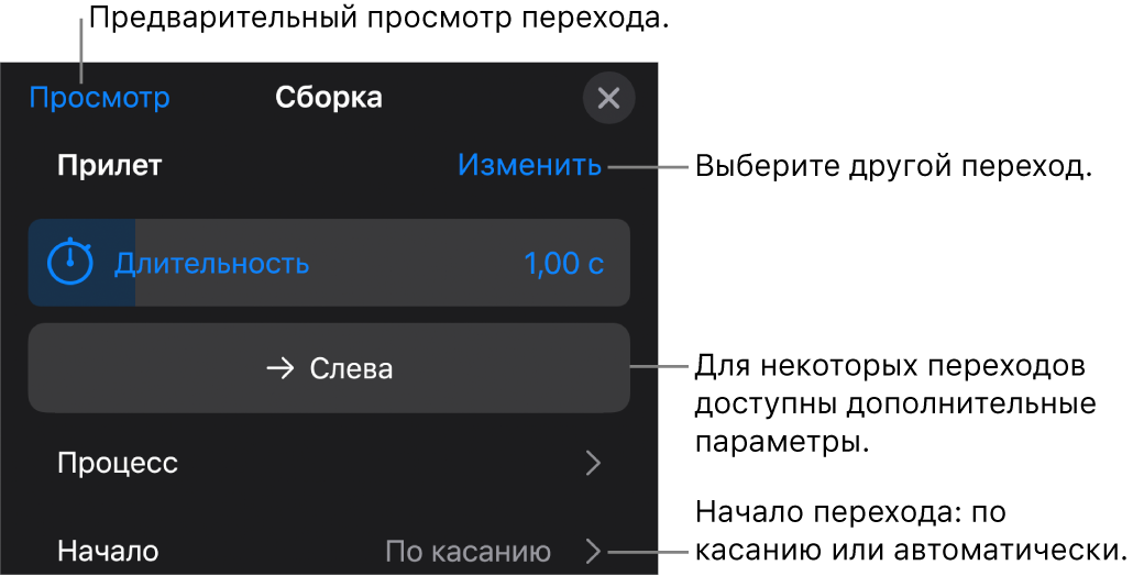 Элементы управления, позволяющие изменить переход, в панели «Параметры».