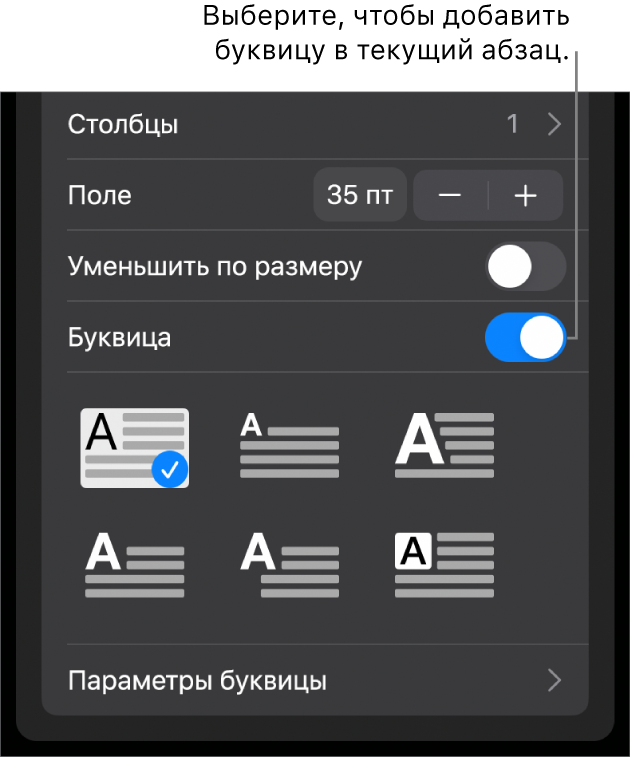 Элементы управления буквицей располагаются внизу меню «Текст».