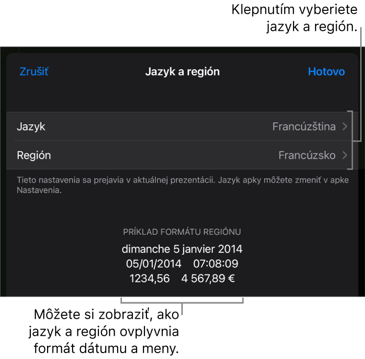 Panel Jazyk a región s ovládacími prvkami pre jazyk a región a príklad formátu dátumu, času, desatinného znaku a meny.