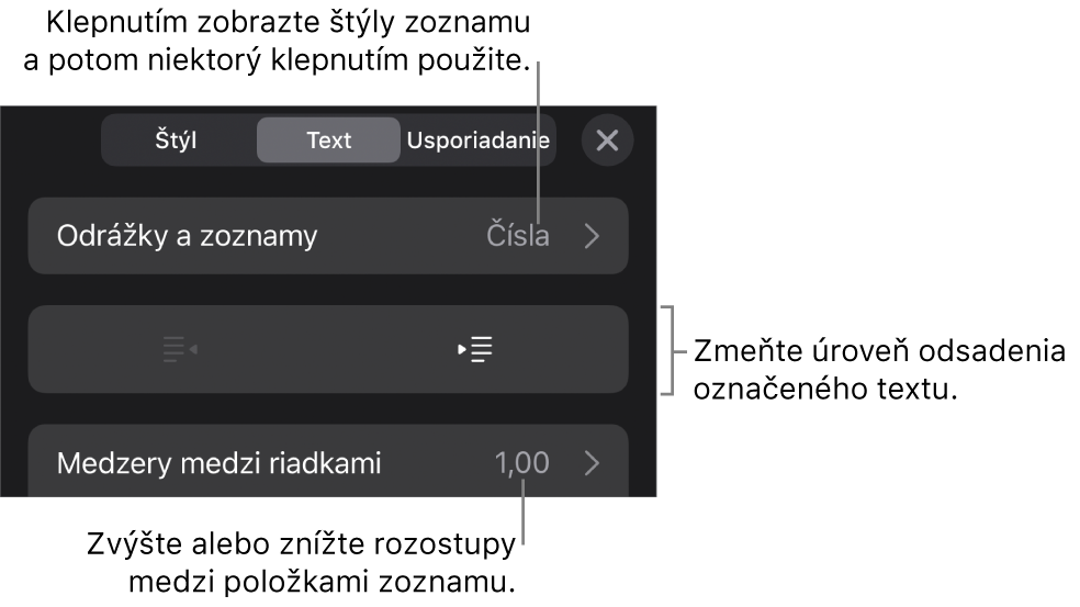 Sekcia Odrážky a zoznamy ovládacích prvkov Formát s bublinami popisujúcimi položku Odrážky a zoznamy, tlačidlami odsadenia a ovládacími prvkami na nastavenie medzery medzi riadkami.