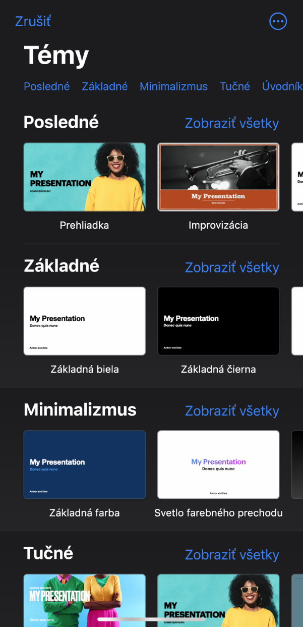 Výber tém zobrazujúci v hornej časti riadok kategórií, na ktoré môžete klepnúť a filtrovať tak možnosti. V pravom hornom horu sa nachádza tlačidlo Viac, ktoré umožňuje nastaviť štandardný alebo široký formát, prípadne nastaviť formátovanie pre konkrétny jazyk alebo región. Nižšie sú miniatúry preddefinovaných tém usporiadané do riadkov podľa kategórií. V hornej časti napravo od každého riadka kategórie sa zobrazí tlačidlo Zobraziť všetky.
