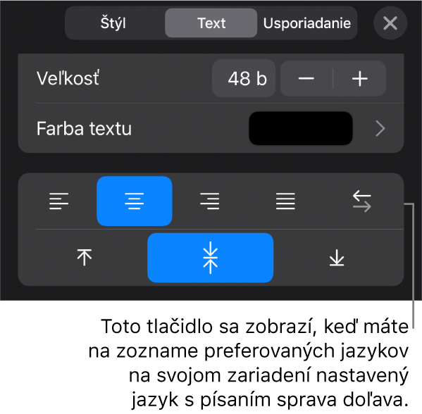 Ovládacie prvky v menu Formát s bublinou pre tlačidlo Sprava doľava.