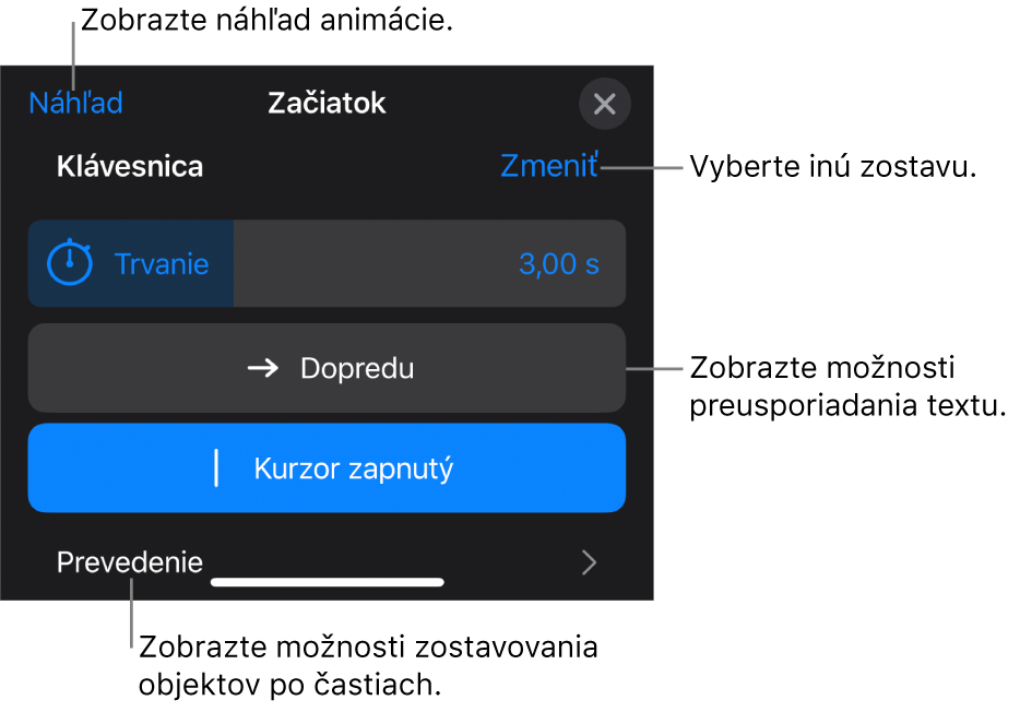 Možnosti zostavy zahŕňajú trvanie, animáciu textu a doručenie. Ak chcete vybrať inú zostavu, klepnite na Zmeniť. Klepnutím na Náhľad zobrazíte náhľad zostavy.