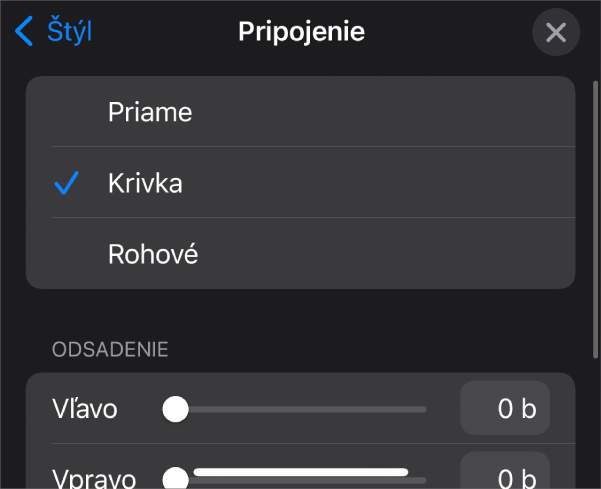 Ovládacie prvky Spojenie s vybranou možnosťou Krivka.