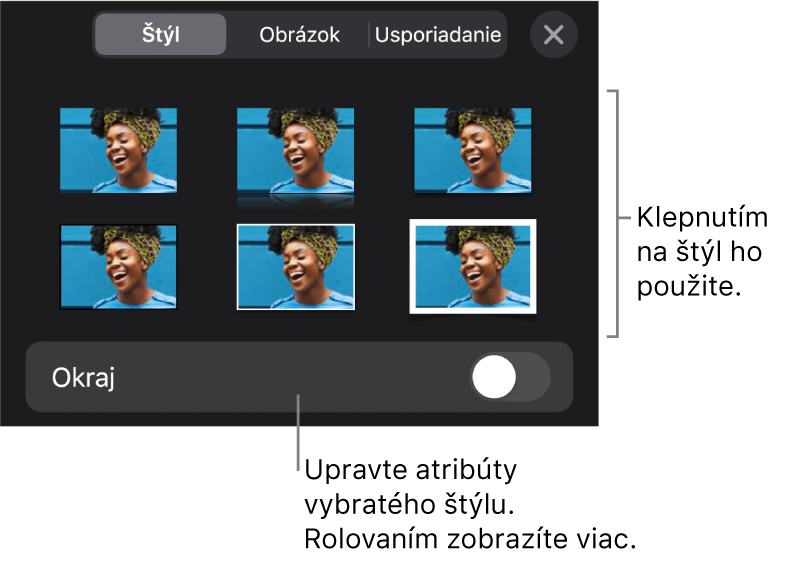 Záložka Štýl menu Formát so štýlmi objektov v hornej časti a ovládacím prvkom pod nimi s možnosťou zmeny okraja.