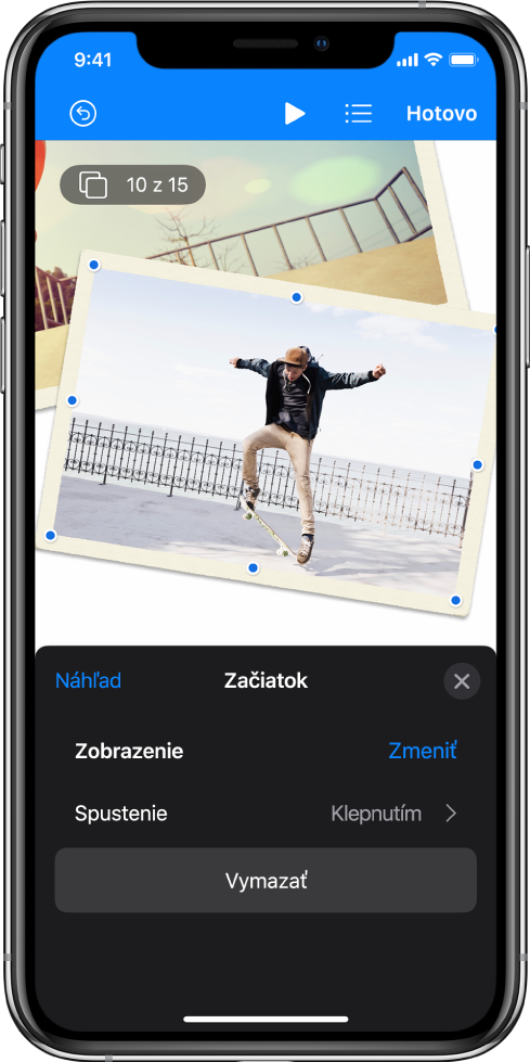 Ovládacie prvky animácie pre obrázok označený na snímke. V spodnej časti obrazovky sú ovládacie prvky pre použitý efekt Začiatok.
