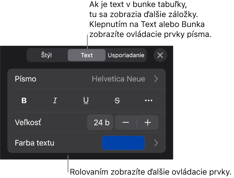 Ovládacie prvky textu v menu Formát pre nastavenie štýlov, písma, veľkosti a farby odsekov a znakov.