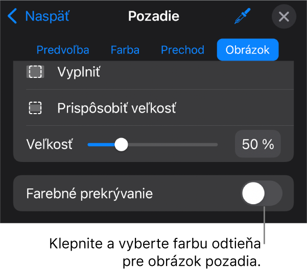 Ovládacie prvky pozadia s obrázkom nastaveným ako pozadie snímky a ovládačom Farebné prekrývanie v spodnej časti.