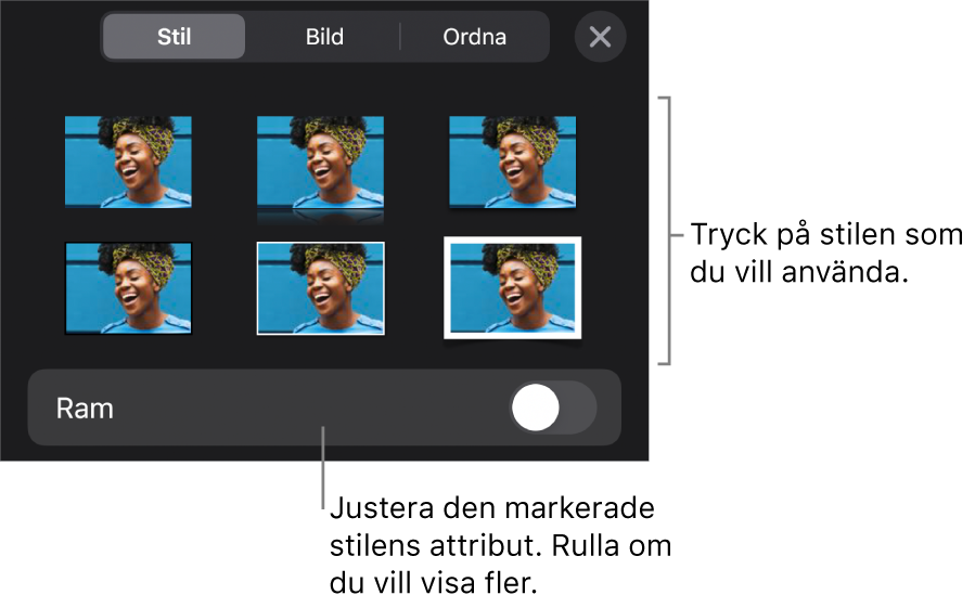 Fliken Stil på menyn Format med objektstilar överst och ett reglage under för att ändra ramen.